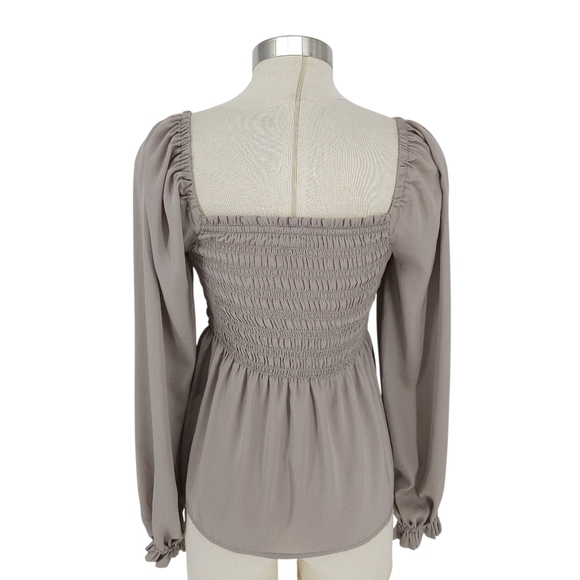 GAP Peplum Top Taupe Long Sleeve Smocked Square Neck Peasant Shirt Small - Picture 4 of 7